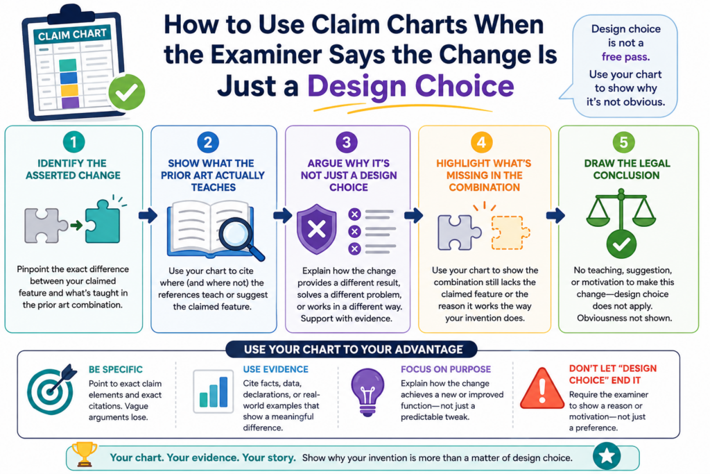 Sometimes an examiner will say your claimed feature is only a design choice. That can feel frustrating because it makes the invention sound like a simple option, not a real technical move.