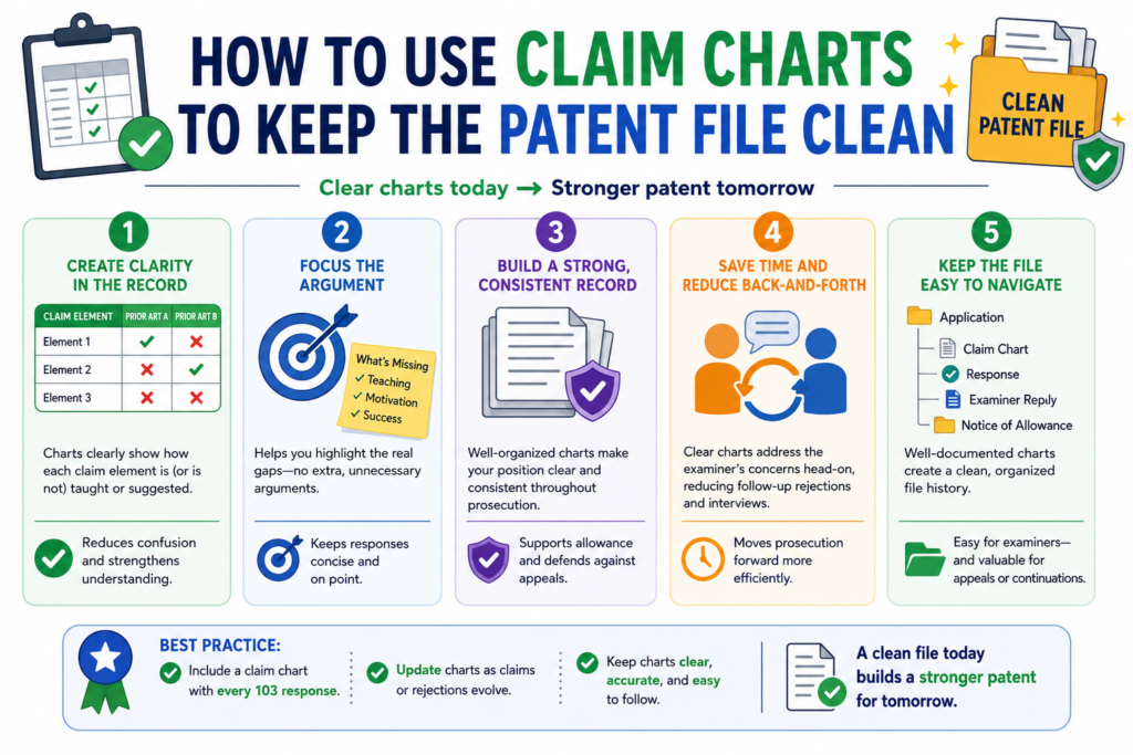 A patent file is the written history of the case. It includes the claims, the rejections, the responses, and the arguments made along the way. That history can matter later.