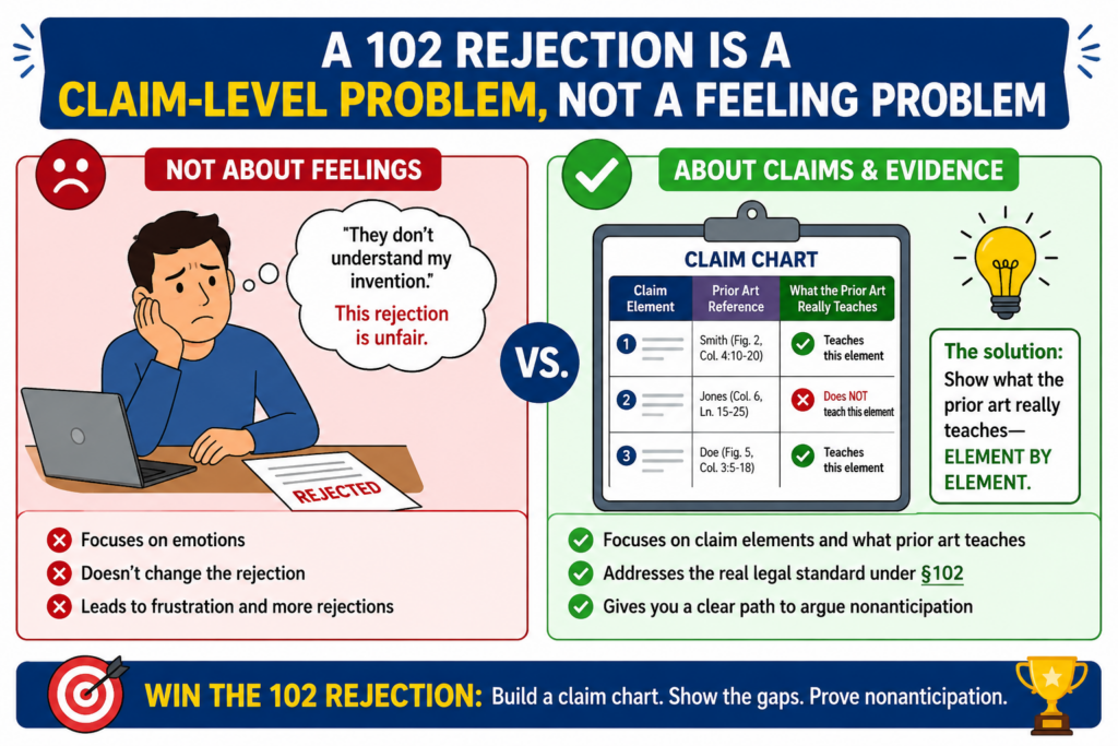 A 102 rejection is not the examiner saying your whole product is old. That is a key point. Many founders read the rejection and think the patent office missed the big picture.