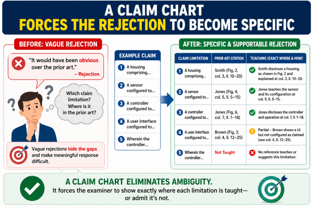 A vague rejection can feel hard to fight because it sounds complete. The examiner may cite a block of text, a figure, or a column from a patent and state that it teaches your claim. But when the mapping is loose, the rejection can look stronger than it is.