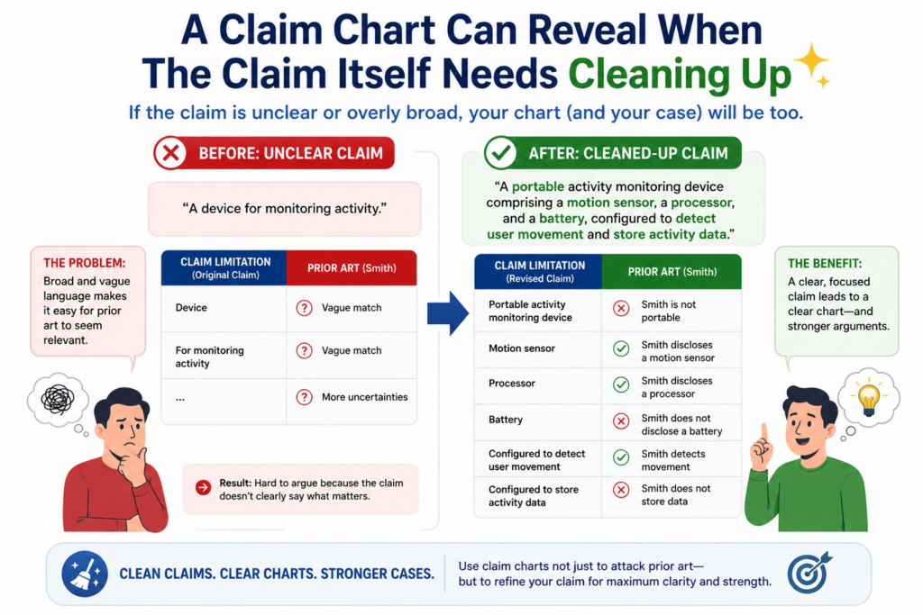 Sometimes the chart shows that the examiner is stretching the prior art. Other times, it shows that your claim is too open. That is not a failure. That is useful information.