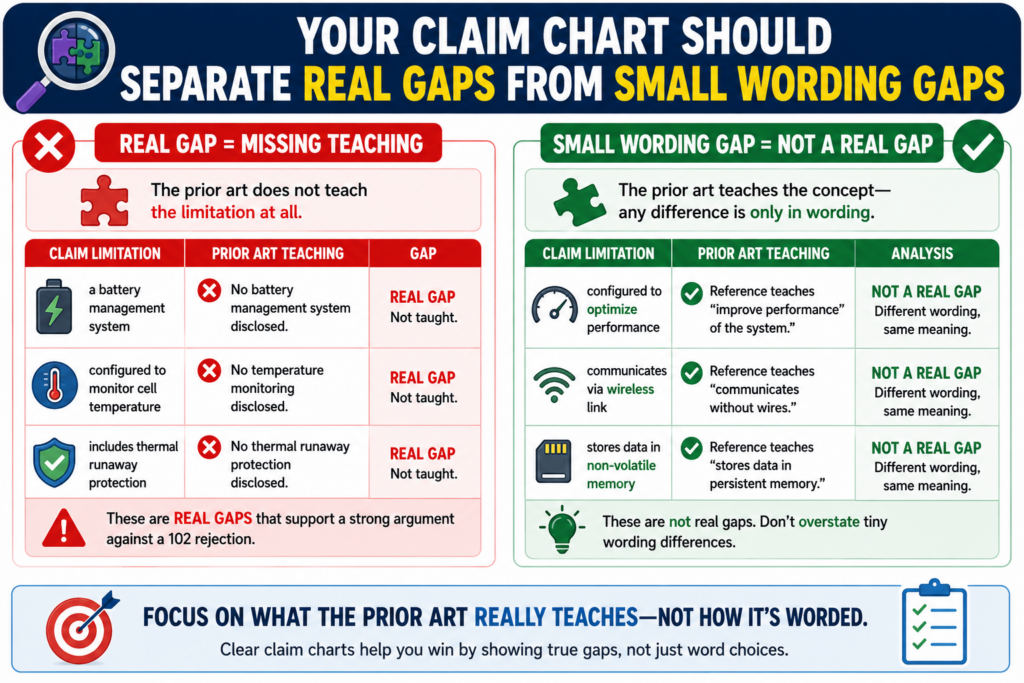 This matters because not every difference between your claim and the prior art is worth arguing. Some differences are just wording. Other differences change how the invention works.