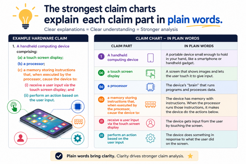 A claim chart should not feel like a wall of legal text. It should feel like a clean guide to the invention. For hardware and device patents, plain words are a major advantage because they keep the chart useful for both engineers and attorneys.