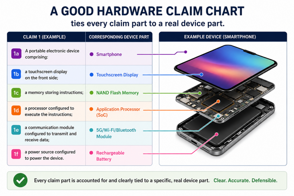 A claim chart becomes useful when it stops being abstract. It should not only repeat the claim in different words. It should show exactly where the claim appears in the device and how the device supports it.