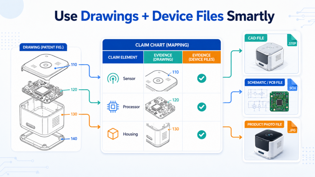 For hardware patents, drawings can carry a lot of weight. A clear drawing can show a part faster than a long paragraph.