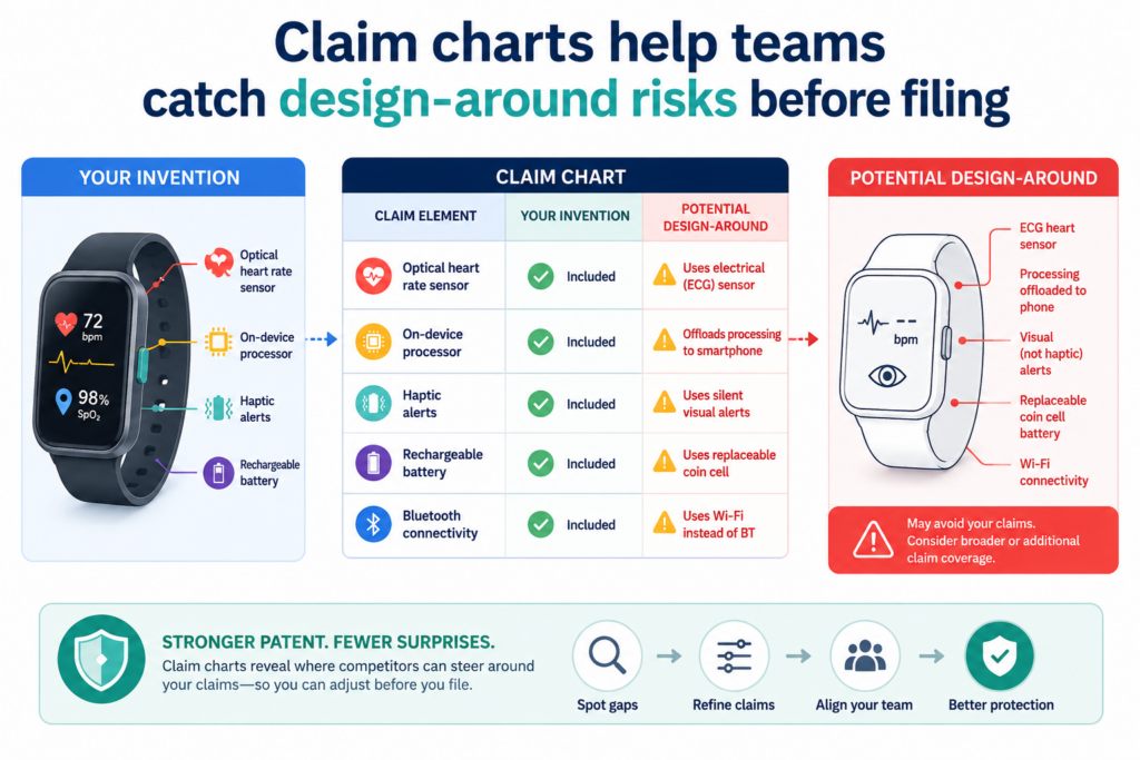 A design-around is when someone studies your patent and builds something close to your product without using the exact claimed setup.