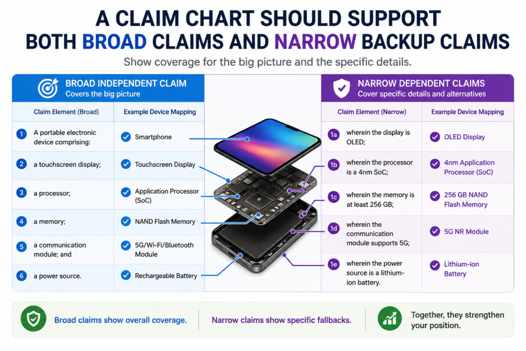 A strong patent filing often needs layers. The broad layer tries to protect the main invention. The narrower layers protect special versions, key details, and backup positions.