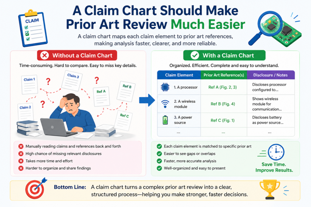 A claim chart is not only useful for showing your own device. It is also useful when your team needs to compare your invention with older products, older patents, public papers, product manuals, videos, or technical pages that may already exist.
