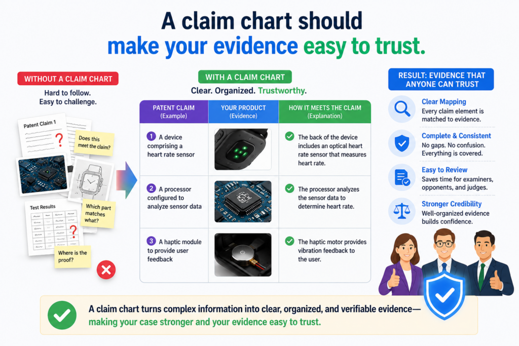 A claim chart is only as strong as the support behind it. If the chart points to unclear files, old screenshots, missing drawings, or vague notes, the reader may not trust the match between the claim and the device.