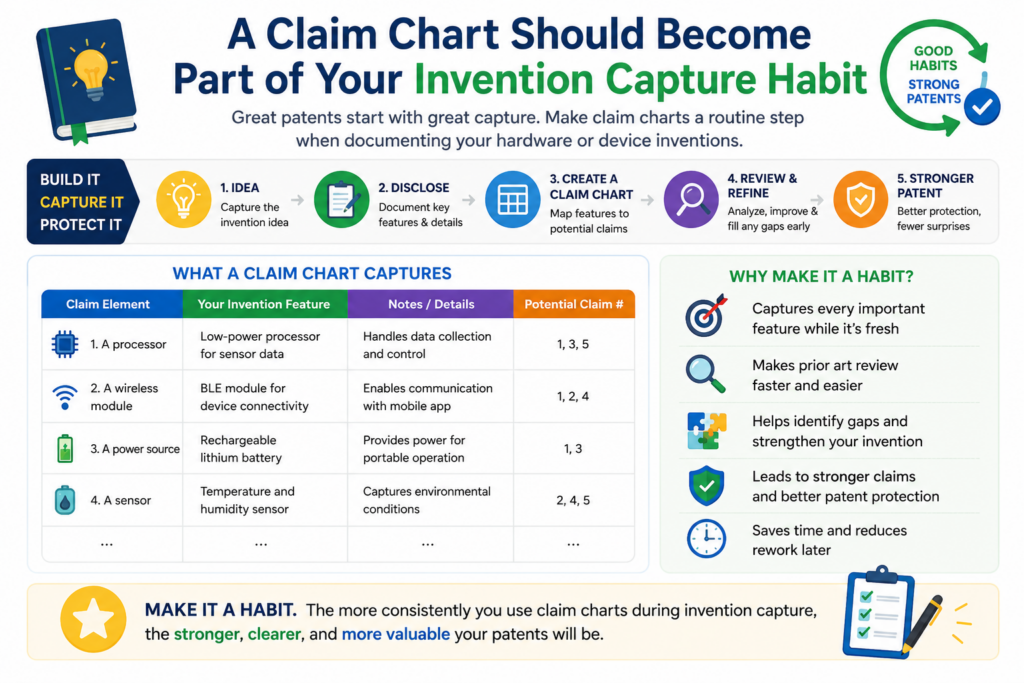 The best time to build a claim chart is not always at the last minute before filing. By then, the team may be rushed, files may be messy, and key design reasons may already be forgotten.