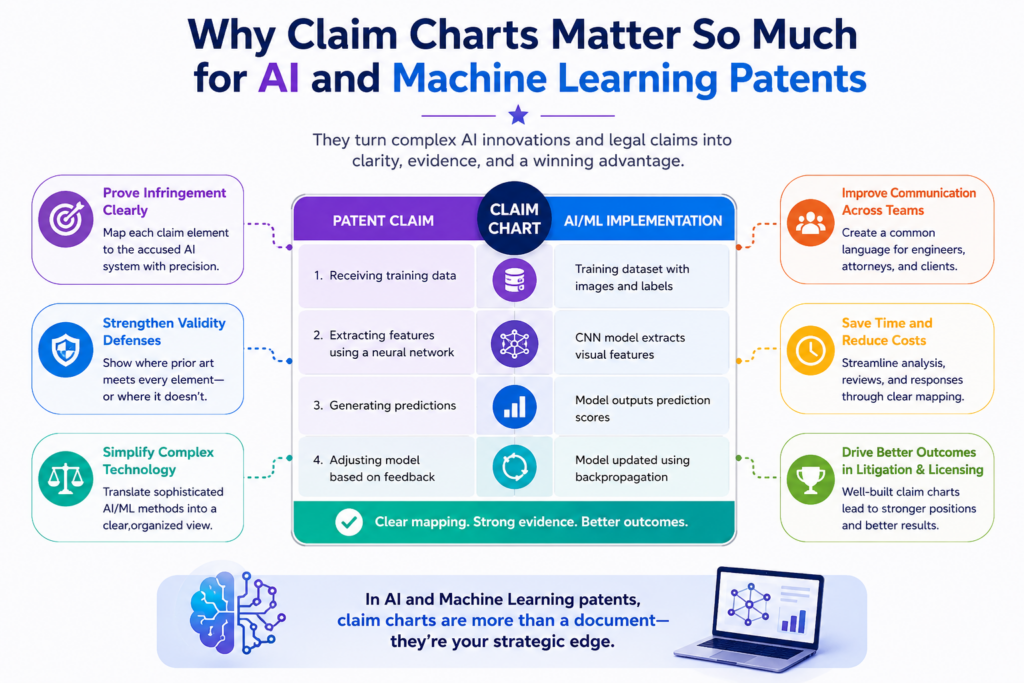 A claim chart is one of the most useful tools in AI patent work because it forces the invention to become clear. It takes a patent claim, breaks it into small parts, and lines each part up with real proof.