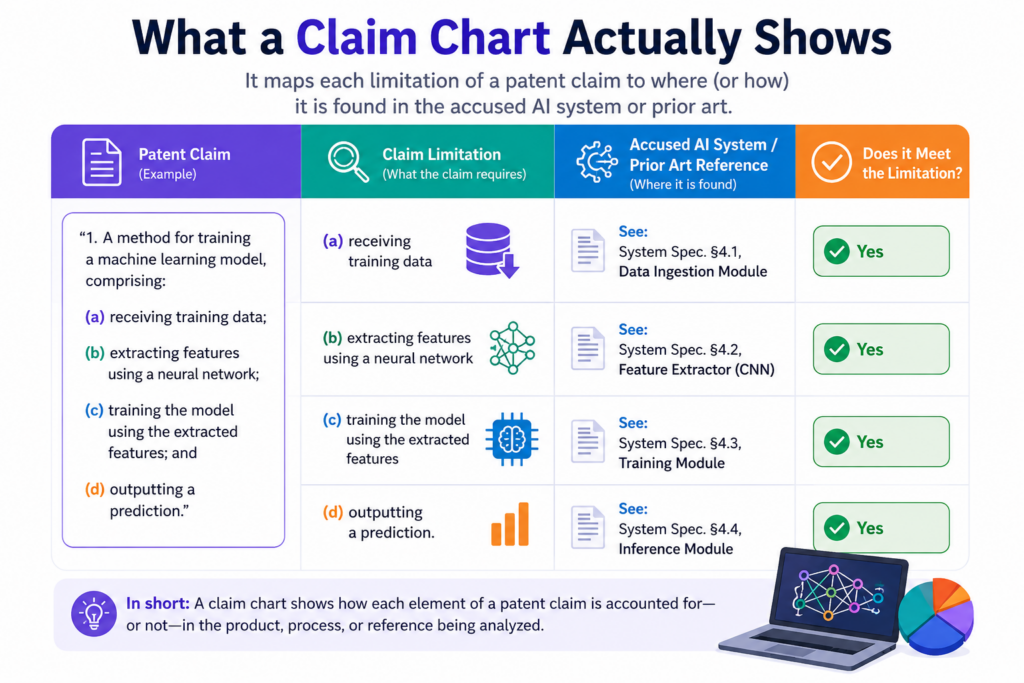 A claim chart shows how each part of a patent claim connects to facts. Think of it as a side-by-side view of words and proof. On one side, you have the claim language.