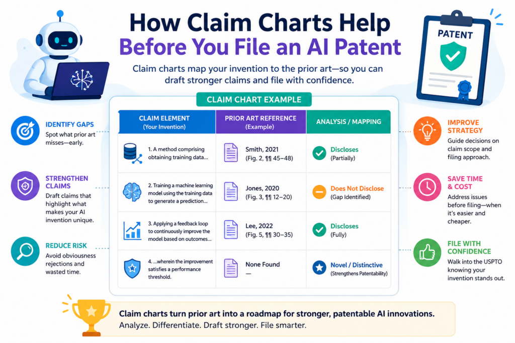 Many people think claim charts are only used after a patent exists. That is not true. For AI startups, a claim chart can be useful before filing because it helps shape the patent strategy early.