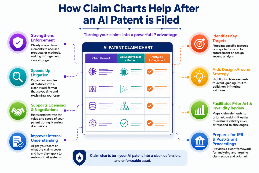 After filing, claim charts can still play a major role. They can help the company explain the patent to investors, partners, buyers, or internal leaders.