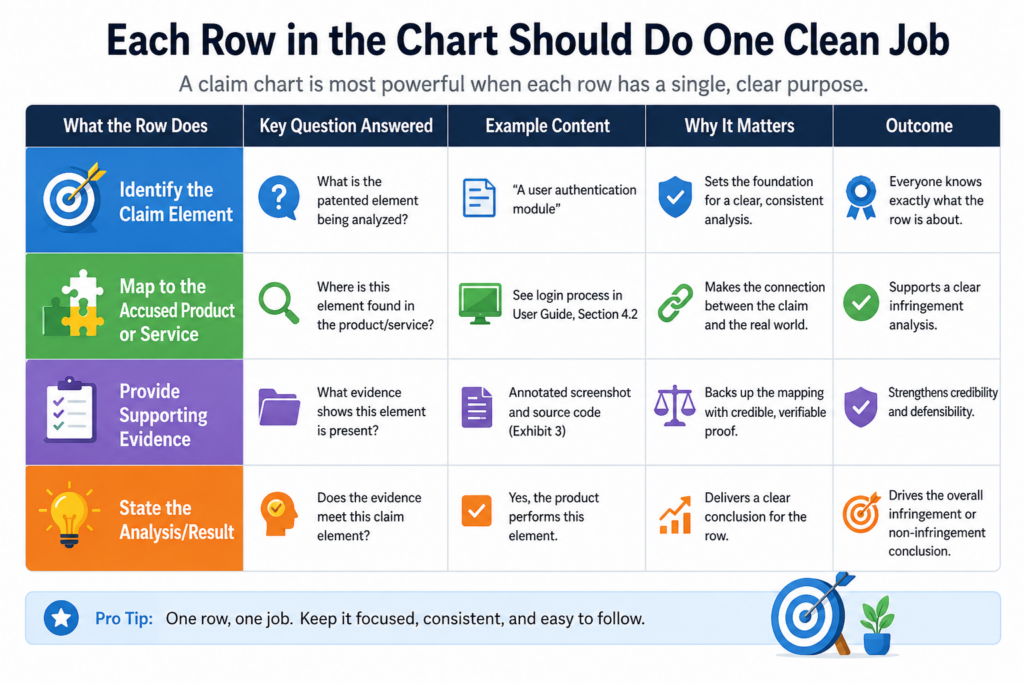 A claim chart usually breaks a patent claim into parts. Each part gets its own row. Then the chart places evidence next to that part. This sounds simple, but it takes care. Each row should make one point and make it well.