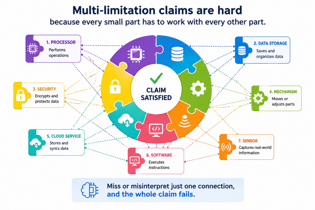 A complex patent claim is like a map of how your invention works. It does not just say, “Here is the product.”
