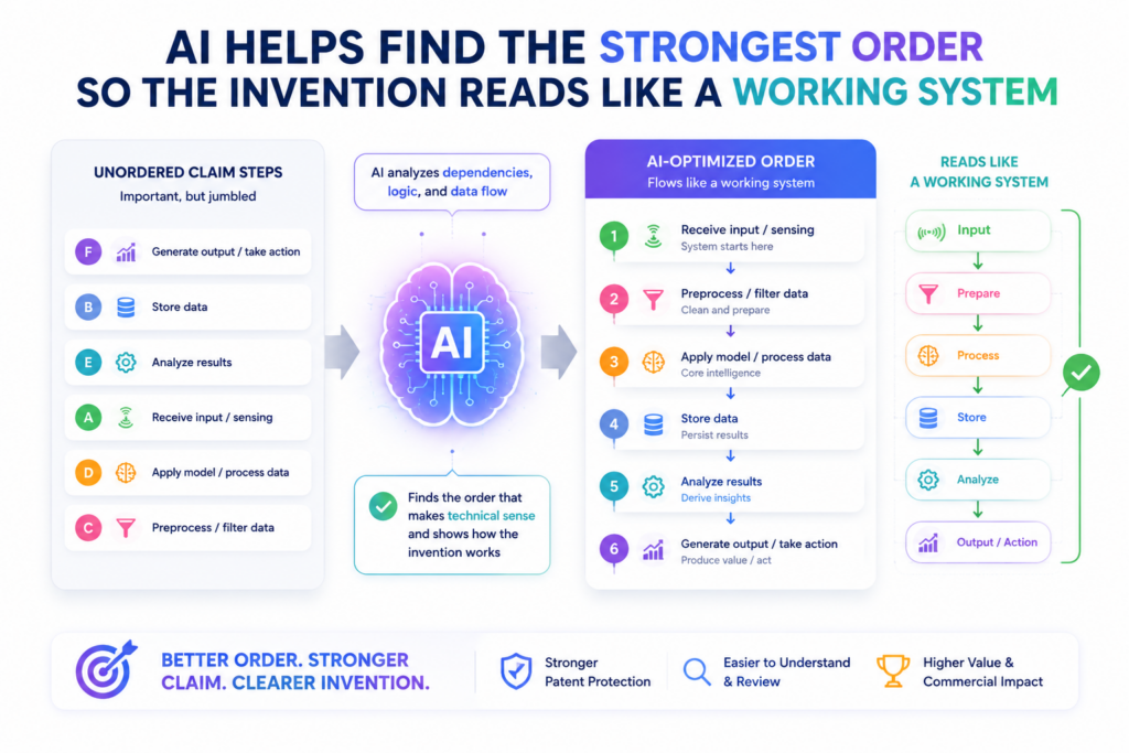 In many complex claims, order matters. A claim may describe receiving data, cleaning data, creating a score, comparing the score, selecting an action, and updating a model.