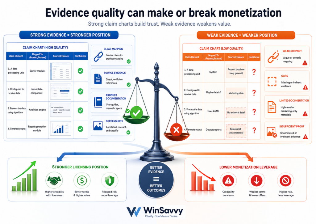 A claim chart is not strong because it is long. It is strong because the evidence is good. One clean product manual may be more useful than ten weak screenshots.