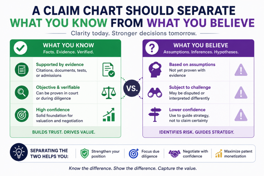 A strong claim chart does not pretend that every fact is fully proven at the first stage. In many licensing talks, you may only have public information.