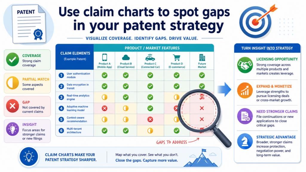 A claim chart can do more than help you monetize one patent. It can show you where your patent strategy is strong and where it needs work. This is one of its most useful hidden benefits.