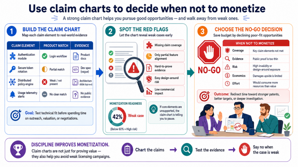 Not every patent should be licensed right now. Not every target should be contacted. Not every chart should leave your team.