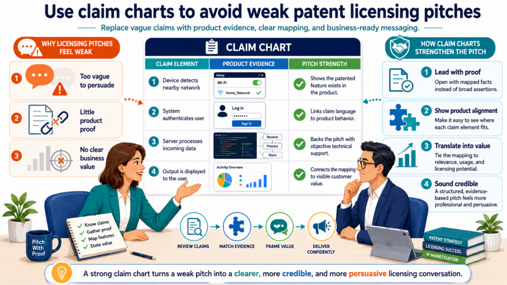 A weak licensing pitch often sounds exciting at first but falls apart when someone asks for proof. It may say the patent covers a huge market. It may name big companies.