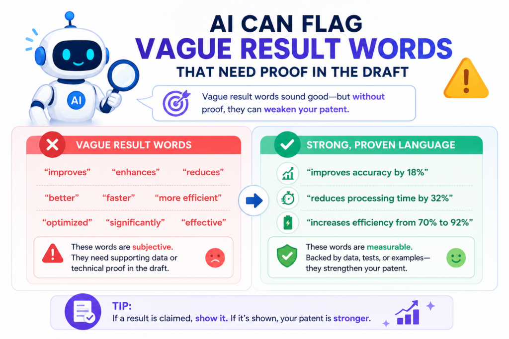 Many patent drafts use words that sound strong but do not say much by themselves. Words like faster, better, improved, efficient, accurate, secure, automatic, intelligent, and optimized can be useful, but only when the draft explains them.