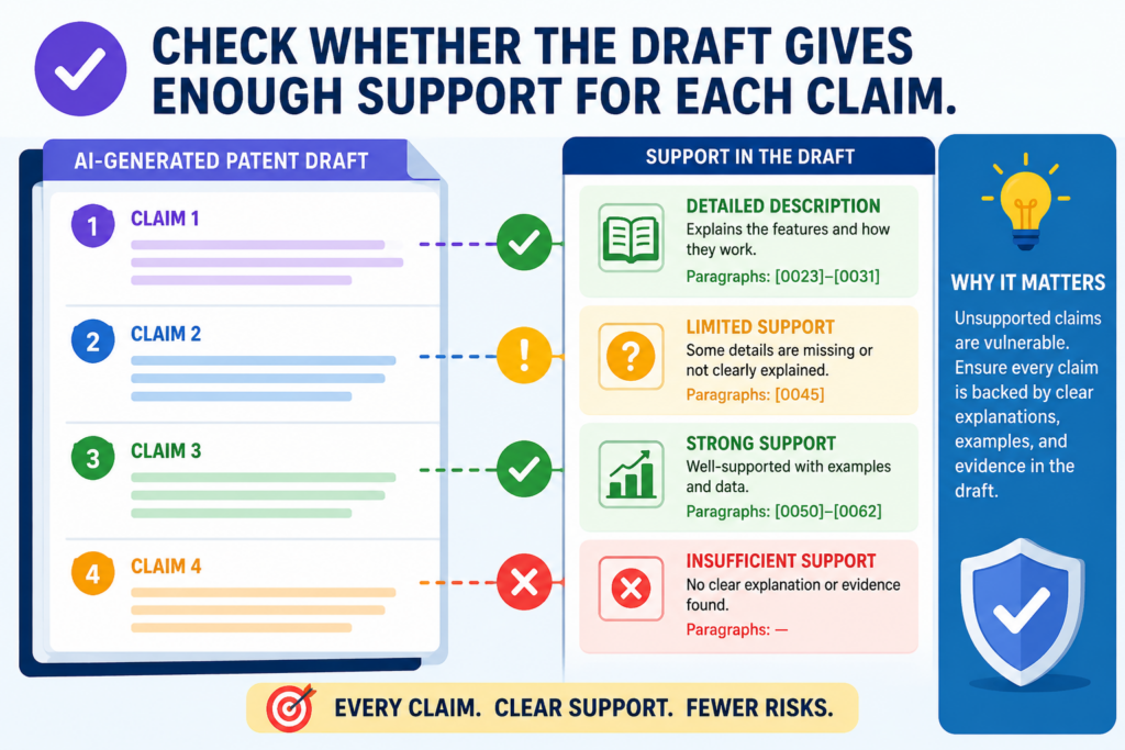 A claim should not stand alone. The rest of the patent draft should support it. Think of the claims as the fence, and the description as the ground holding the fence posts. If the ground is weak, the fence may not hold.