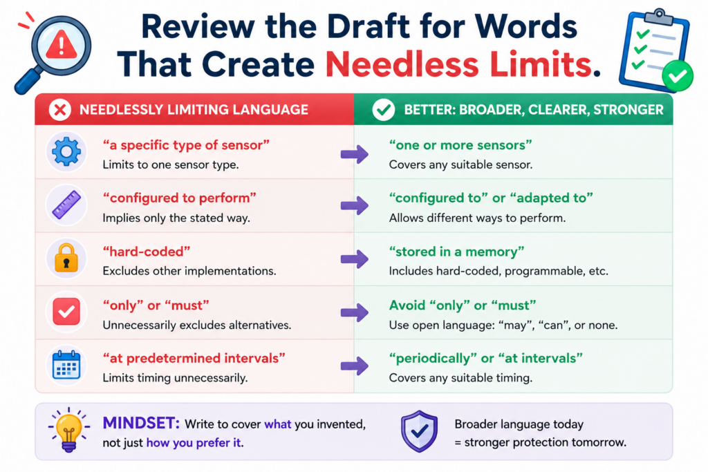 Small words can create big problems. An AI-generated draft may use words that make the invention seem narrower than intended.