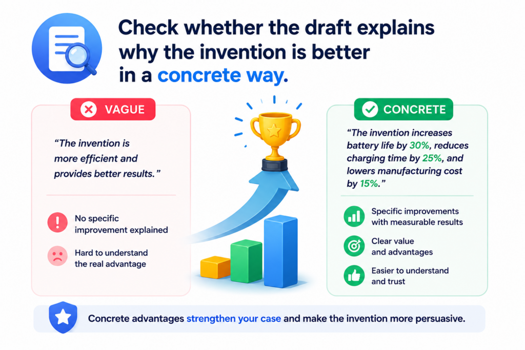 A draft that says the invention is better is not enough. It should explain why. It should show what problem existed, what the old way struggled with, and how the new system improves the result.
