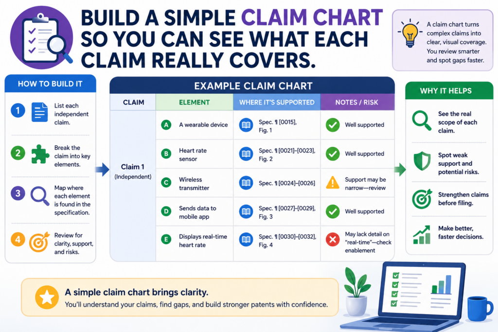 A claim can feel clear when you read it once, but the risk often shows up when you break it apart. This is where a simple claim chart helps.