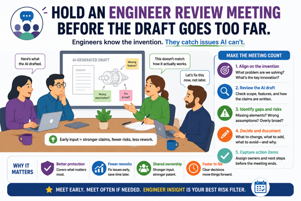 A patent draft should not be reviewed only by the founder or only by the legal team. The people who built the invention need to read it too.