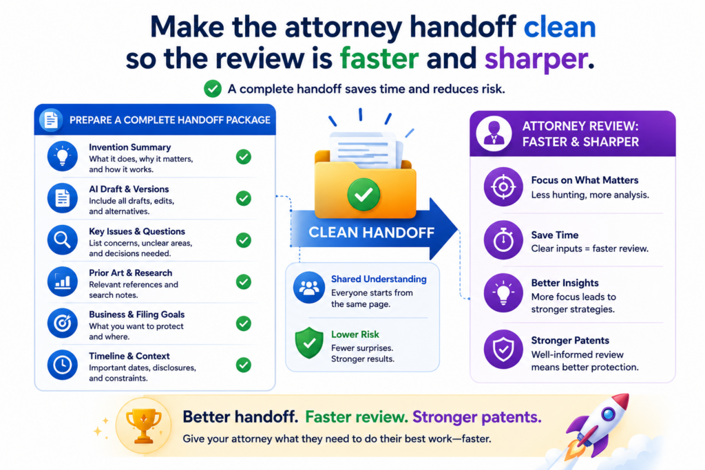 A patent attorney can do much better work when the handoff is clear. A messy handoff slows everything down. It also raises the chance that important details get missed.