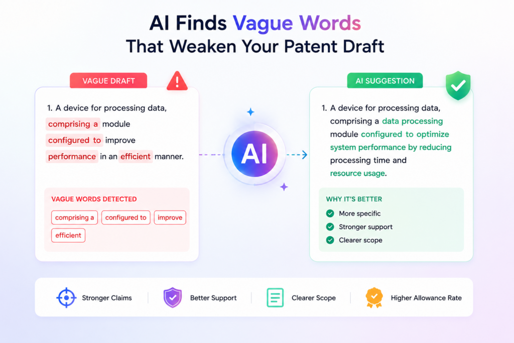 Vague words are dangerous because they feel harmless. A draft may say a system is “smart,” “fast,” “better,” “optimized,” or “advanced.” These words sound good in marketing, but they may not explain much in a patent draft.