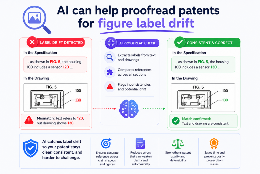 Figure labels are small, but they do important work. They connect the drawing to the written text. When the labels drift, the patent becomes harder to follow.