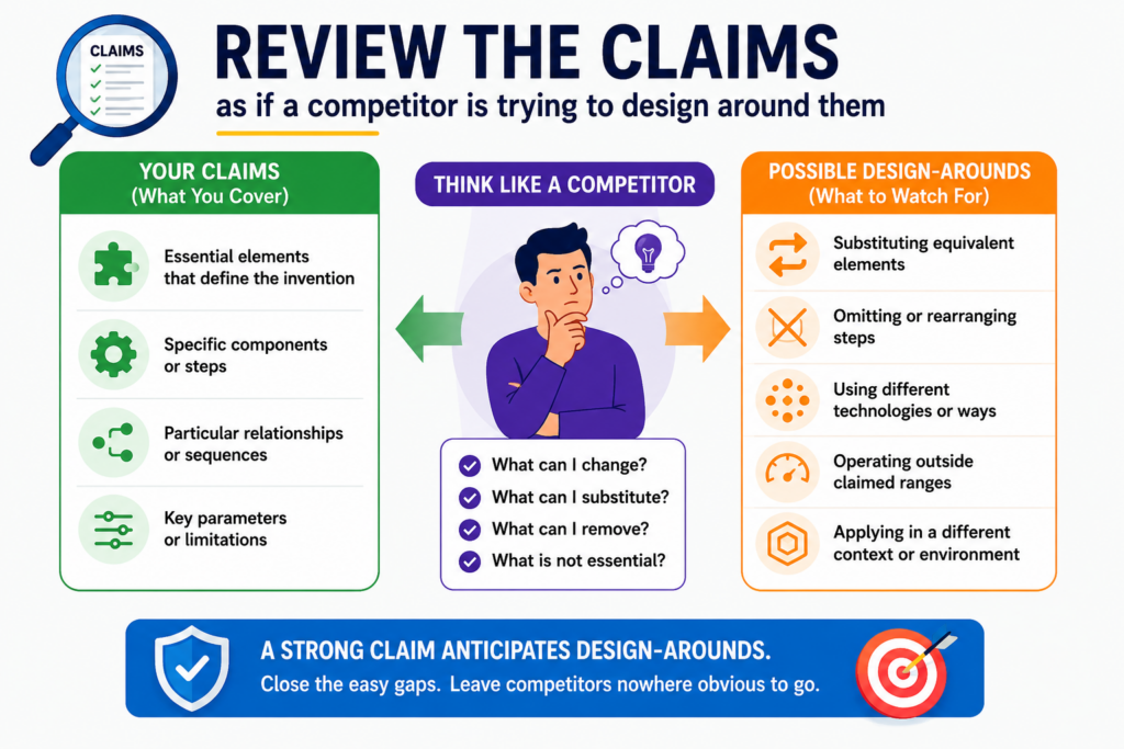 The claims are the part of the patent draft that matter most for protection. The rest of the draft explains the invention. The claims define what you are trying to protect.