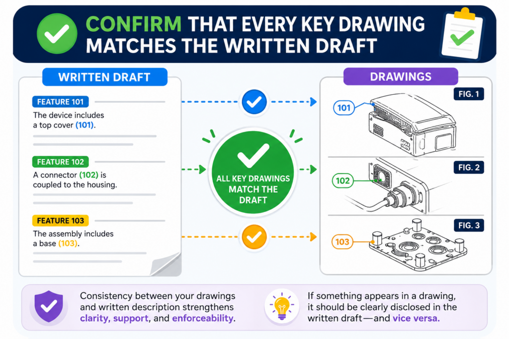 Drawings are not decoration. They help explain the invention. They also support the written text and claims. For many technical inventions, drawings make the draft much easier to understand.