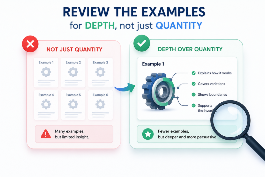 They show how the invention can work in real settings. They also help support narrower claims if the broad claims need to change later.