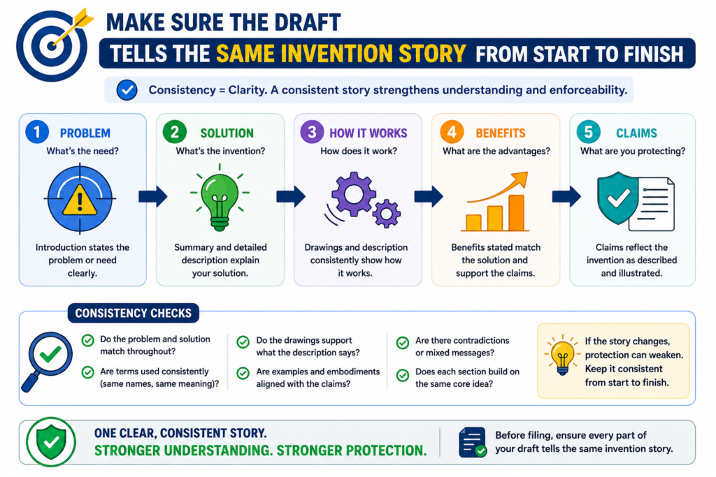 A patent draft has many parts, but they should not feel like separate documents. The title, background, summary, figures, detailed description, abstract, and claims should all point to the same core invention.