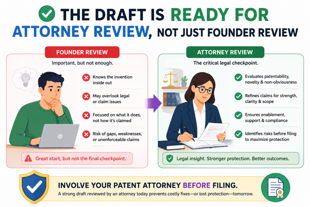 A founder review is important. An engineer review is important. But before filing, the draft should also be ready for serious attorney review.