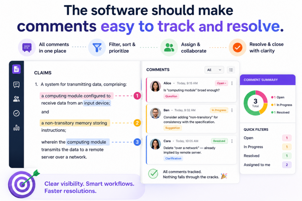 Comments are where patent drafts often get messy. An attorney asks a question in the document. An inventor answers in email. A founder adds a note in a chat thread.