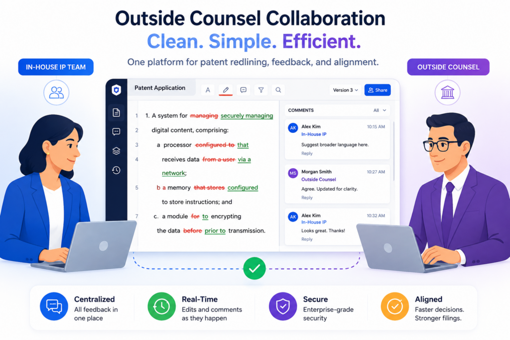 Many IP teams work with outside patent attorneys. That can be a good thing, but it can also create friction if the tools are messy. Drafts may move between systems.