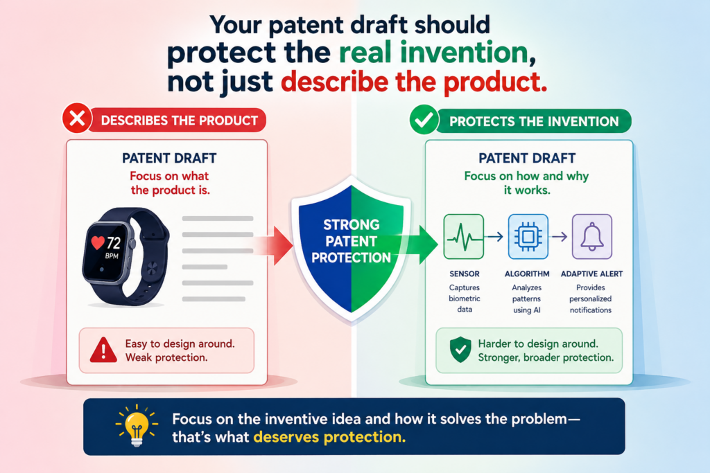 A strong patent draft does more than explain what you built. It protects the core idea behind it. That is where many early drafts fall short.