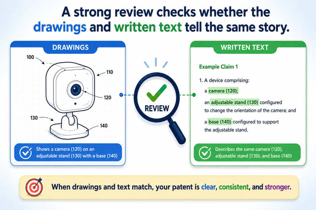 Drawings are not just decoration in a patent draft. They help explain the invention. If the drawings and text do not match, the draft can feel messy or incomplete.