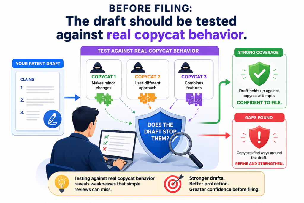 A patent draft should not only describe your invention. It should help protect you from the ways others may copy it.