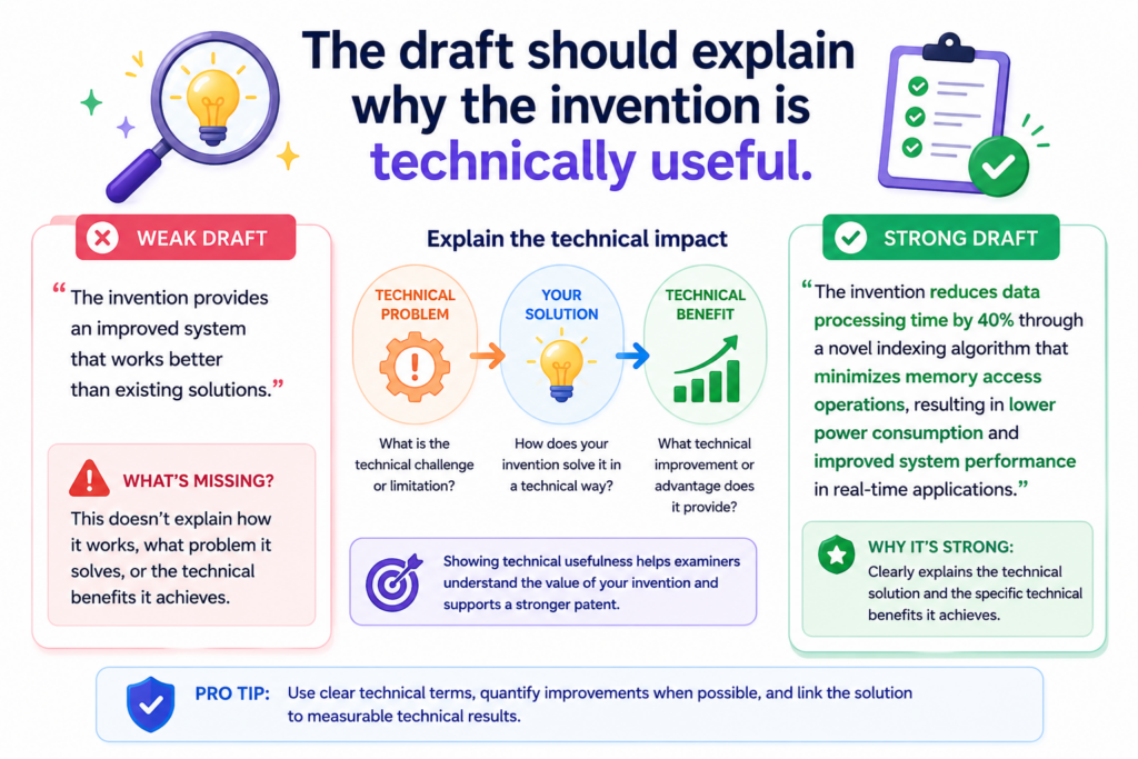 A patent draft should not read like a sales page. But it still needs to show why the invention matters. The key is to explain the value in technical terms, not hype.