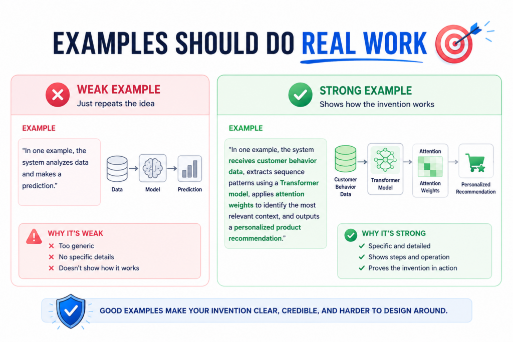 Examples are not filler. In a strong patent draft, examples help support the claims and explain how the invention can be used. They make the invention easier to understand and harder to misread.