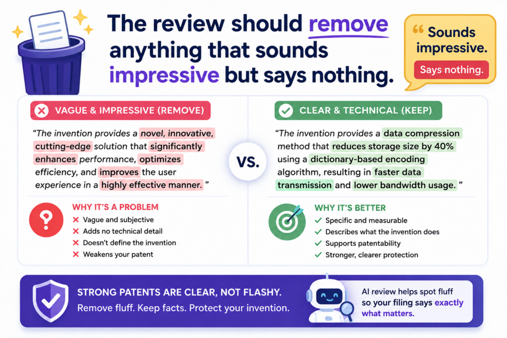 Patent drafts should be clear, not flashy. When a draft uses big words without clear meaning, it becomes weaker. Fancy language can hide missing detail. It can also make the invention harder to understand.