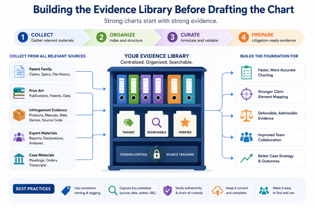 A claim chart should not be built from random saved screenshots and pasted links. Before drafting the chart, the team should build an evidence library. This library is the source bank for the chart.