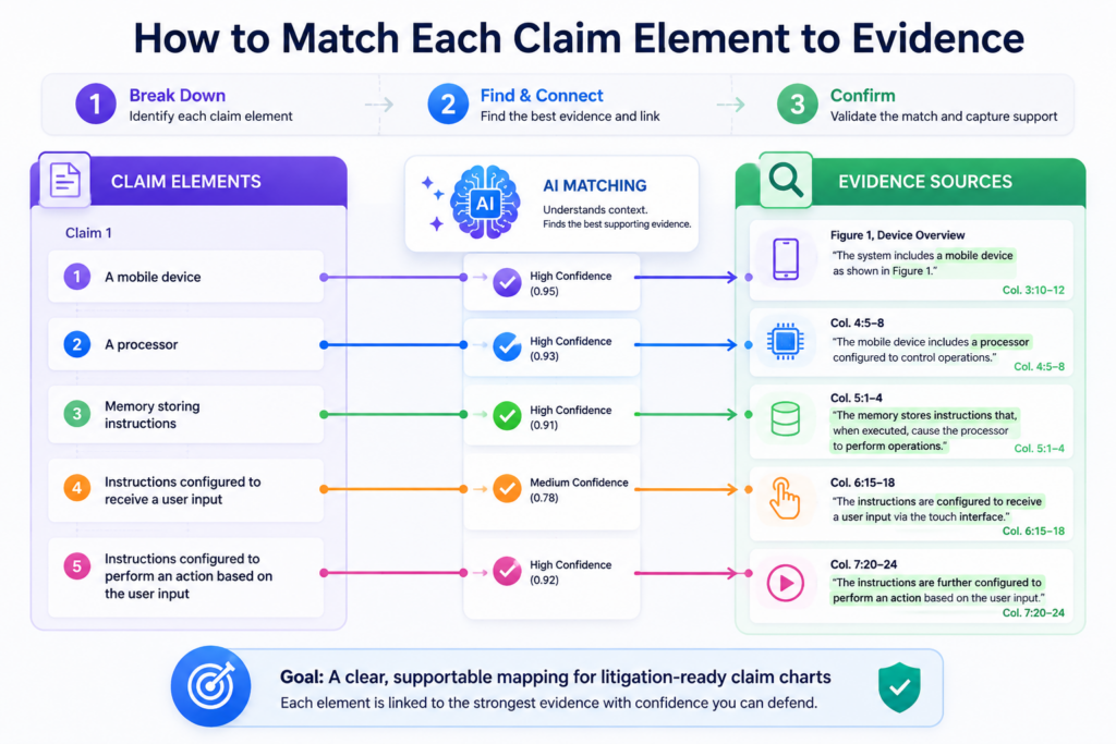 A claim chart has one main job. It must make the match between claim language and product proof easy to follow. The reader should not have to guess why a screenshot or excerpt is included.
